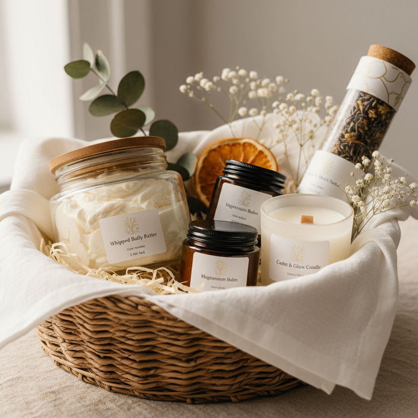 Basket of candles and small bottles on a light surface with a neutral background